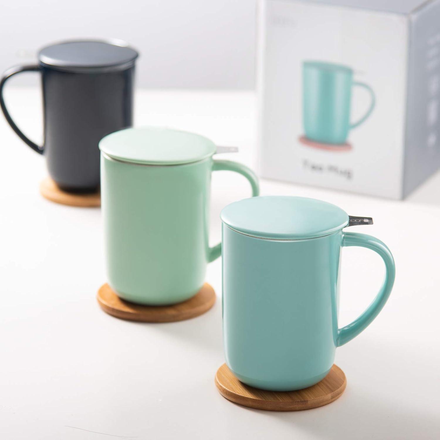 Navy Blue Ceramic Tea Mug with Bamboo Coaster and Lid