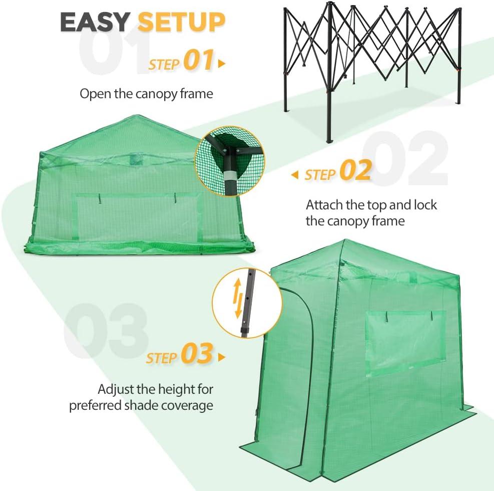 EAGLE PEAK 10x 5 Portable Lean to Walk-in Greenhouse Instant Pop-up Fast Setup Indoor Outdoor Plant Gardening Green House Canopy, Front and Rear Roll-Up Zipper Entry Doors and Roll-Up Side Windows