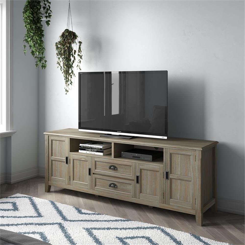 Simpli Home Burlington Wood 72" Transitional TV Media Stand in Gray For TVs up to 80"