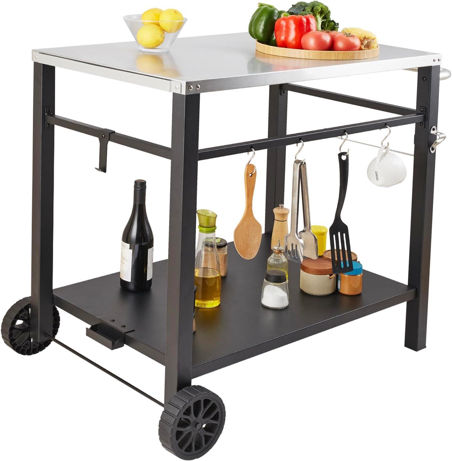 Outdoor Grill Dining Cart with Double-Shelf, BBQ Movable Food Prep Table, Multifunctional Iron Table Top, Portable Modular Carts for Pizza Oven, Worktable with 2 Wheels, Carry Handle, Black