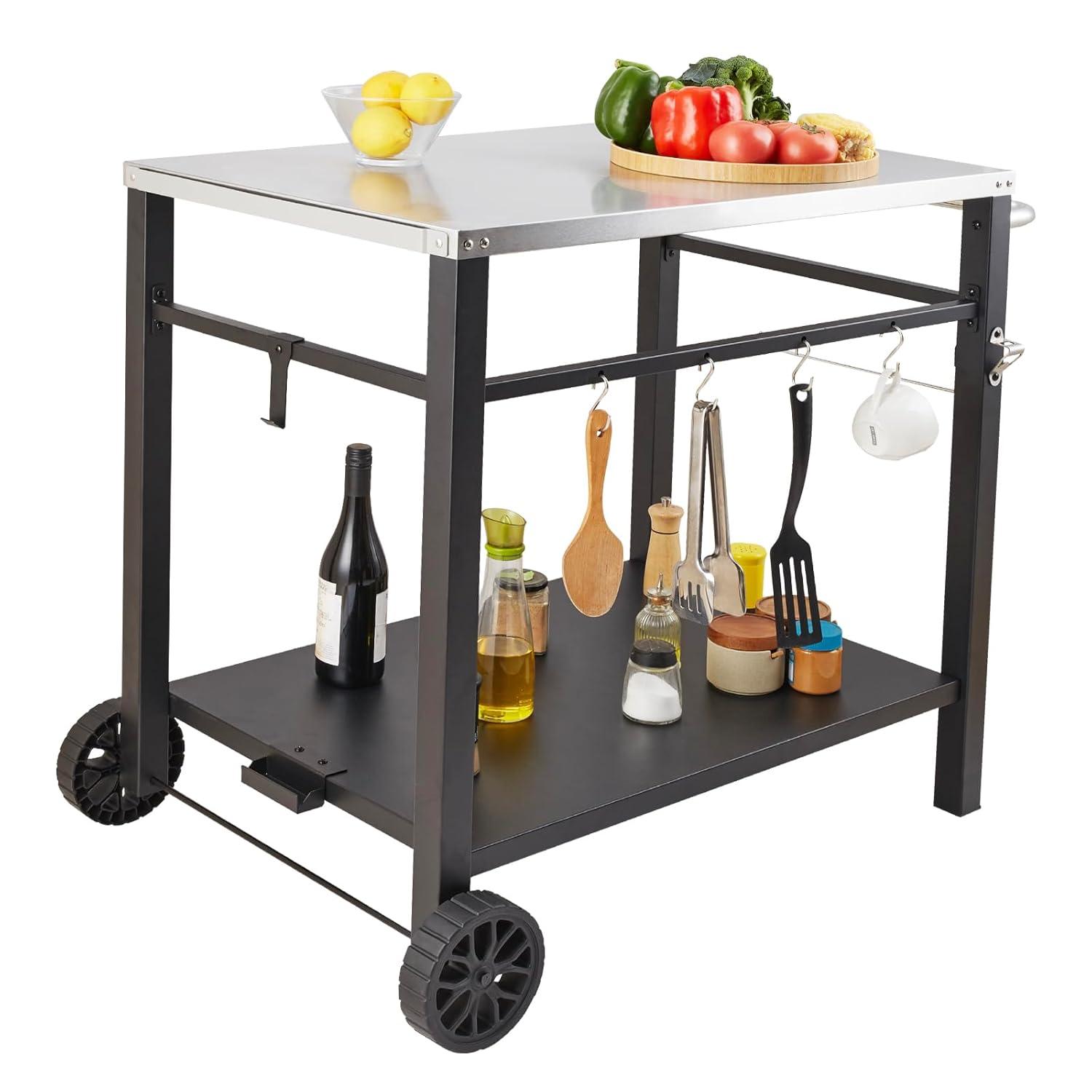 VEVOR Outdoor Grill Dining Cart with Double-Shelf, BBQ Movable Food Prep Table, Multifunctional Foldable Iron Table Top, Portable Modular Carts