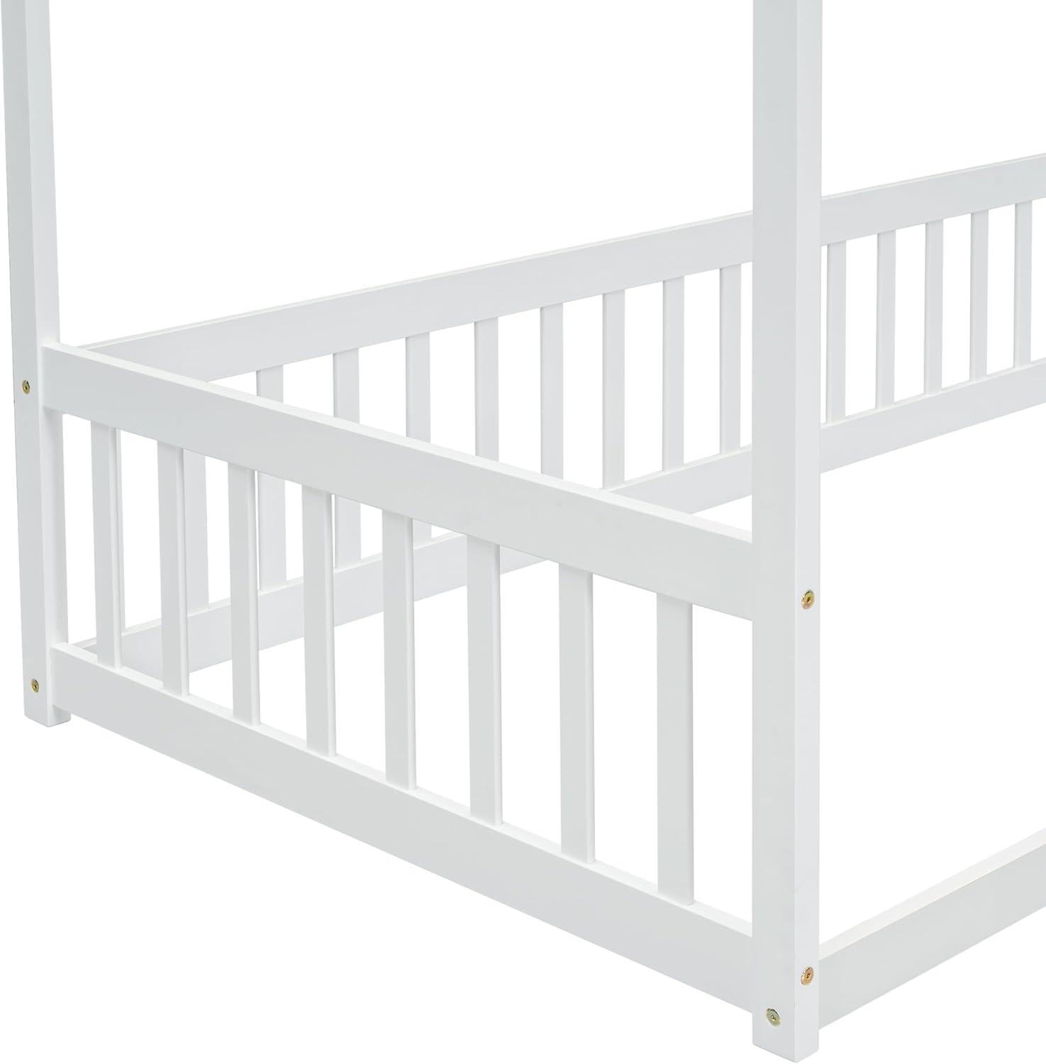 Twin Bed Frame with Fence, Modern Platform Bed Frame Canopy Floor Bed with Guardrail, Solid Wood Twin Bed Frame No Box Spring Needed Cute Montessori Floor Bed, Easy Assembly, White