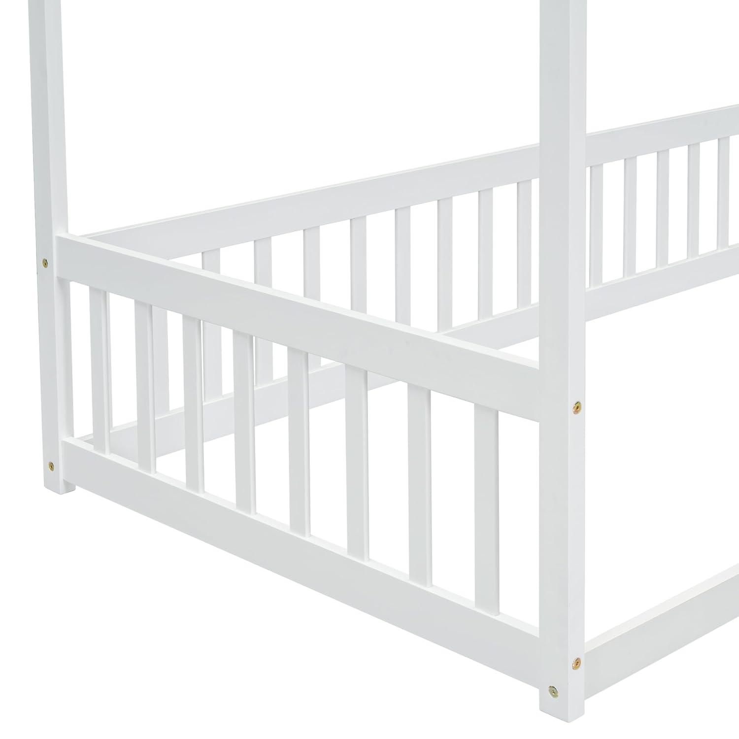 Twin Bed Frame with Fence, Modern Platform Bed Frame Canopy Floor Bed with Guardrail, Solid Wood Twin Bed Frame No Box Spring Needed Cute Montessori Floor Bed, Easy Assembly, White