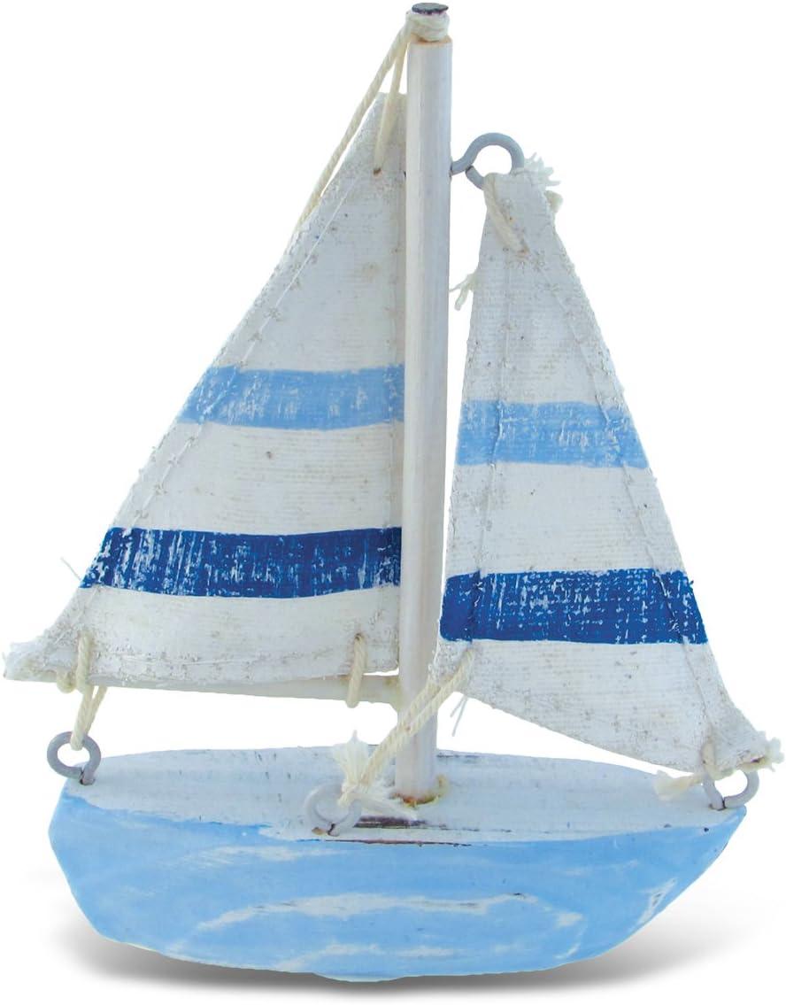 Light Blue and White Striped Wooden Sailboat Figurine, Extra Small