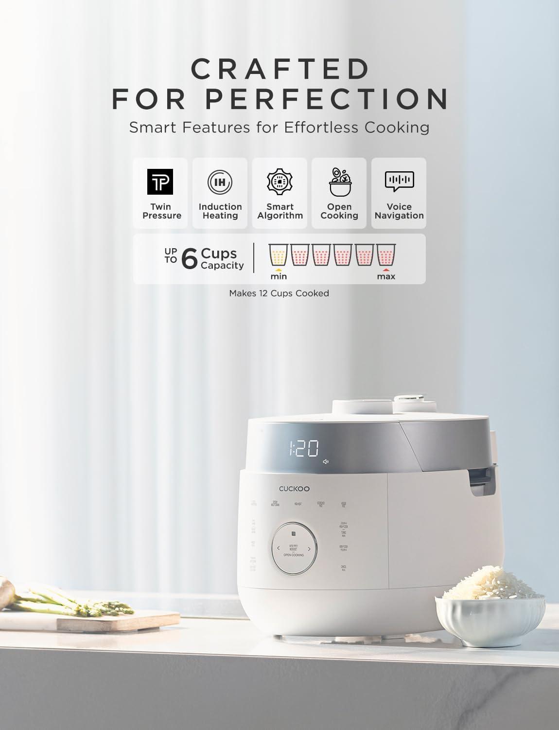 CUCKOO CRP-LHTR1009FW 10-Cup (Uncooked) / 20-Cup (Cooked) Induction Heating Twin Pressure Rice Cooker with Nonstick Inner Pot, 16 Menu Modes, 3 Voice Guide, Auto Clean (White)