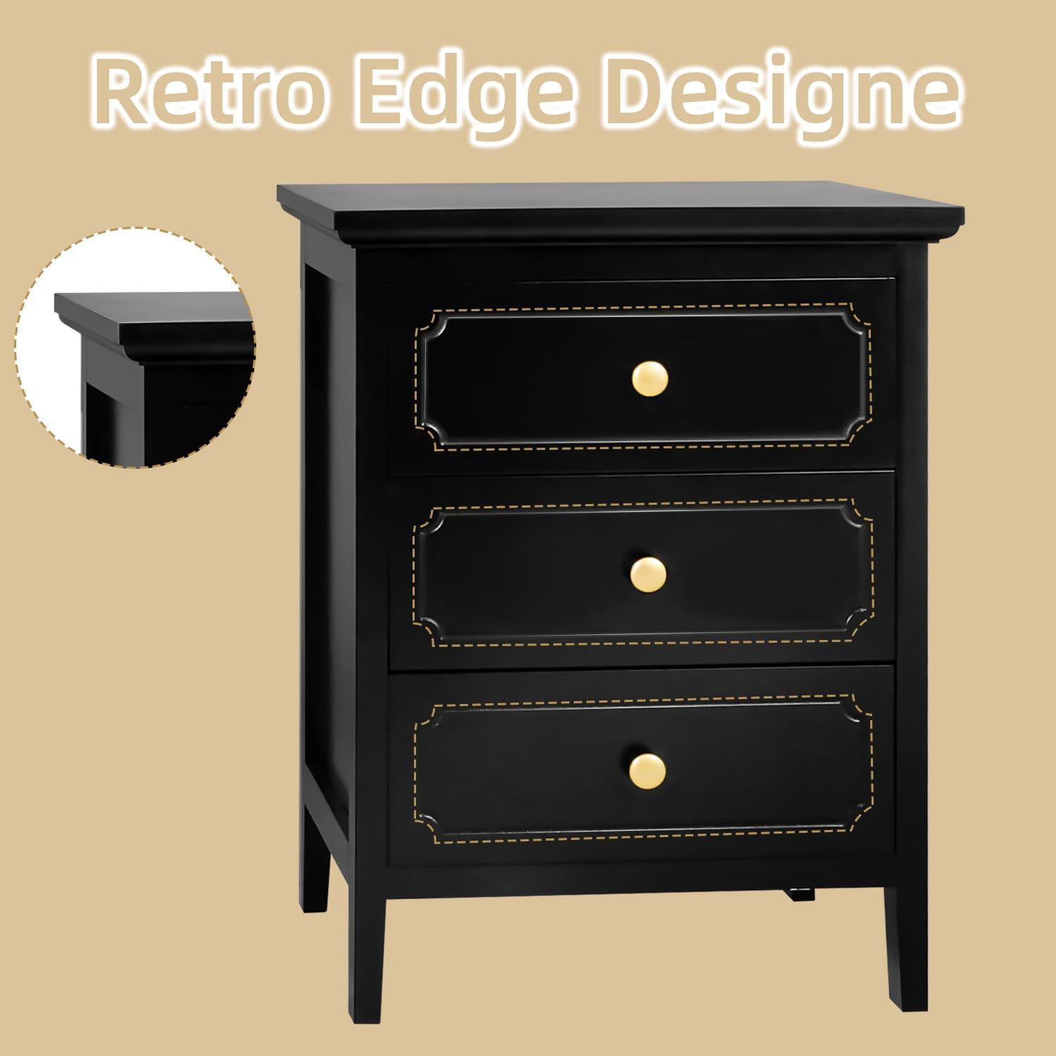 3 Drawer Nightstand Black Large Night Stands with Drawer 19 Inch Modern Bedside Table for Bedrooms Wooden