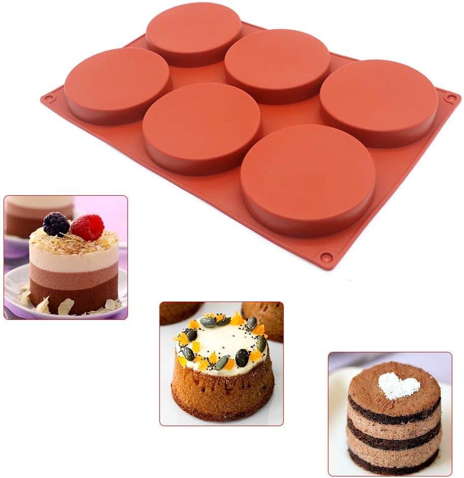 6-Cavity Large Cake Molds Silicone Round Disc Resin Coaster Mold Non-Stick Baking Molds, Mousse Cake Pan, French Dessert, Candy, Soap (Red)