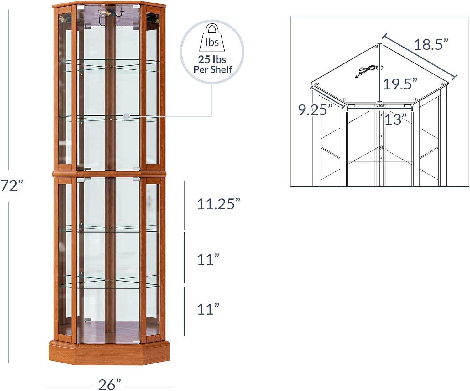 BELLEZE Lighted Curio Cabinet Corner Display Case for Living Room, China Hutch with Tempered Glass Doors and Shelves, Wooden Accent Cabinet, Bar and Liquor Storage Area - Ashfield (Oak)