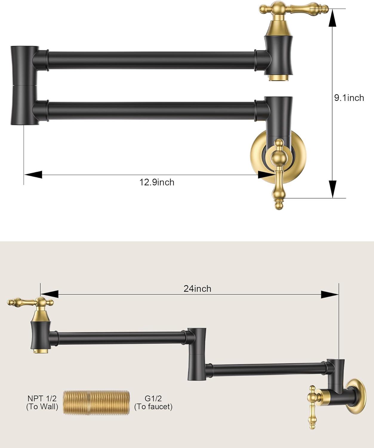 Black and Gold Brass Wall Mounted Pot Filler Faucet