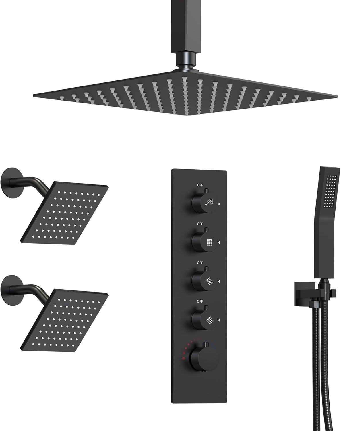 15-Spray Patterns 16" & 6" Triple Shower Heads, Shower FaucetSystem with Thermostatic Rough-in Valve
