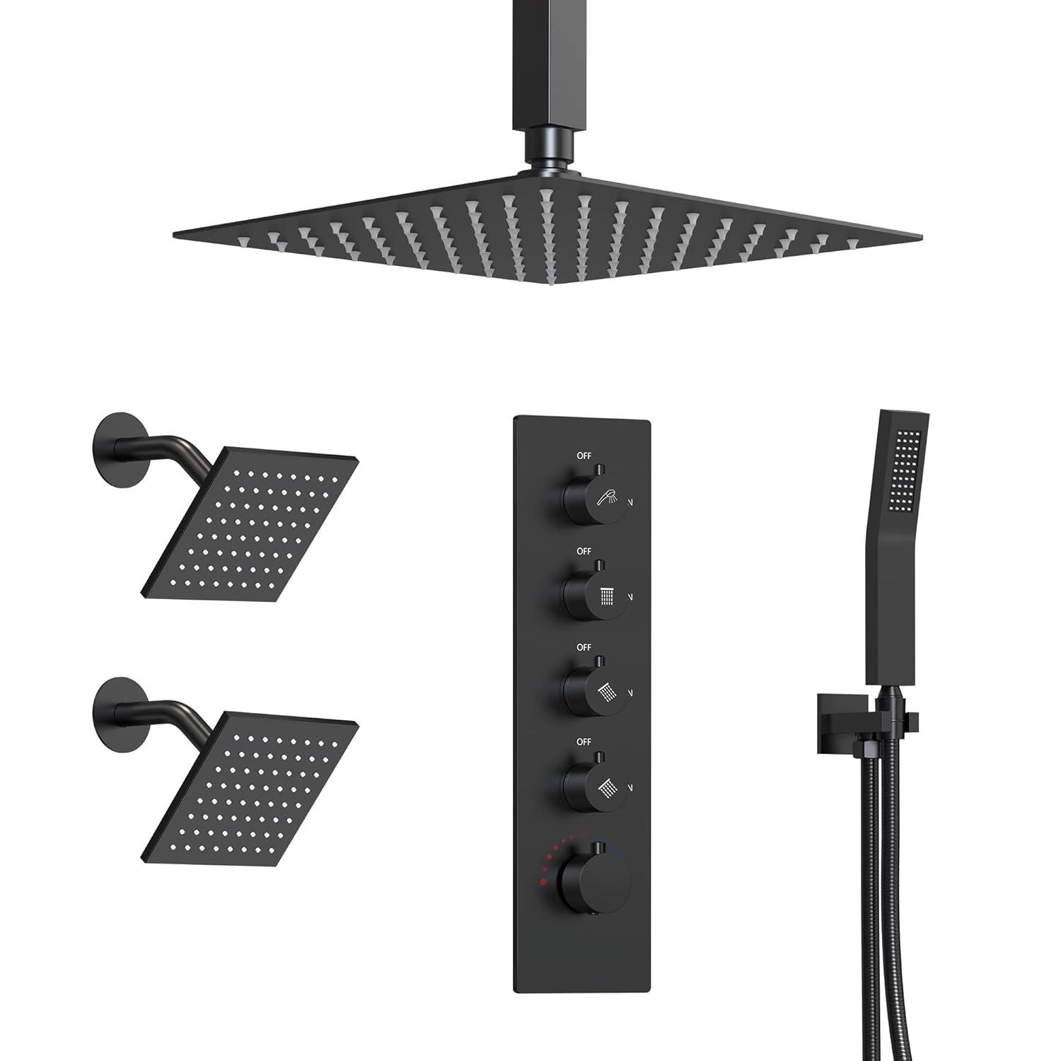 15-Spray Patterns 16" & 6" Triple Shower Heads, Shower FaucetSystem with Thermostatic Rough-in Valve