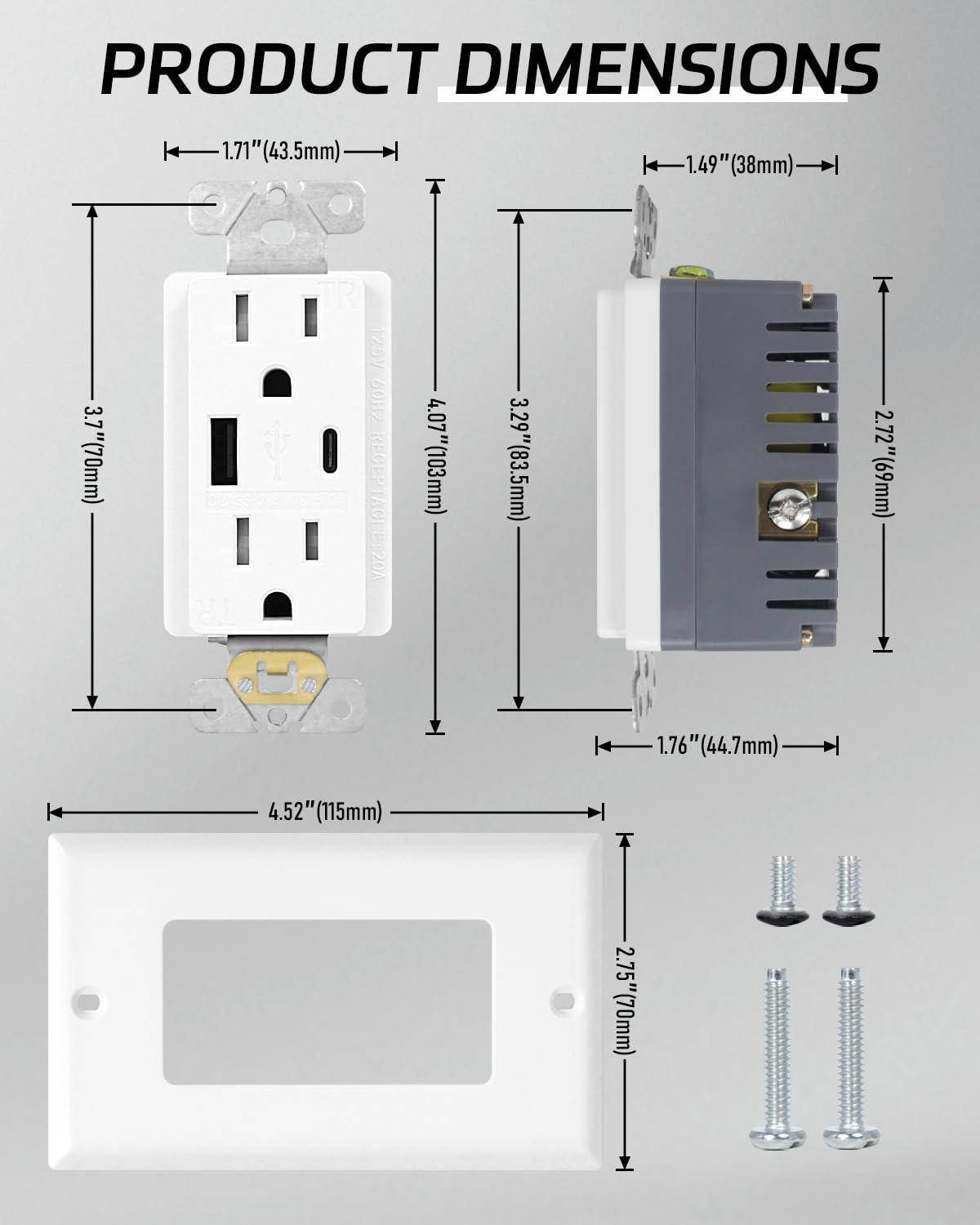 USB Outlet Receptacle, Tamper-Resistant Outlet with USB C & USB A Wall Charger Outlet, 5.0A Electrical USB Outlet, UL & CUL Listed, Wall Plate Included, White