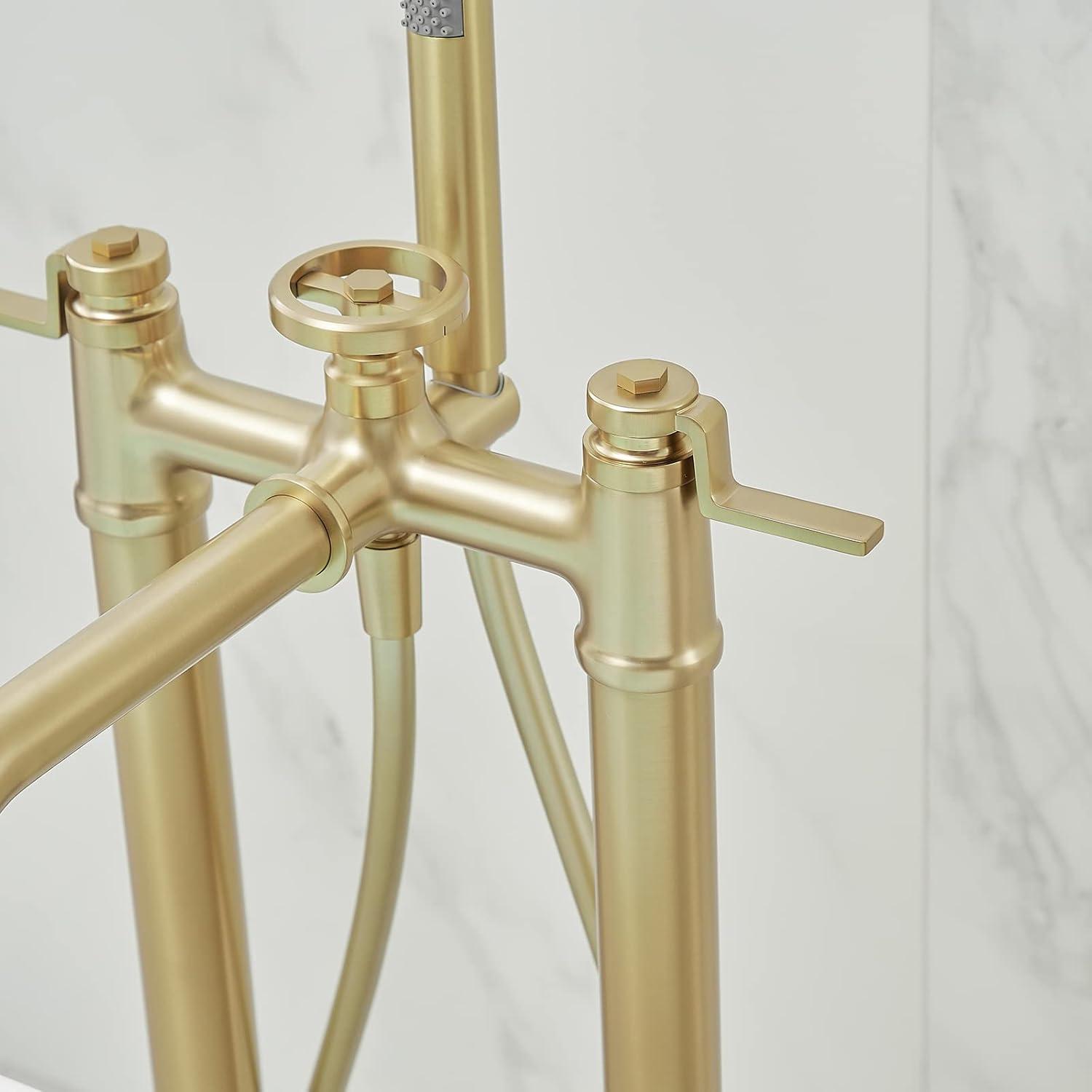 Brushed Gold Solid Brass Freestanding Bathtub Faucet with Handheld Shower