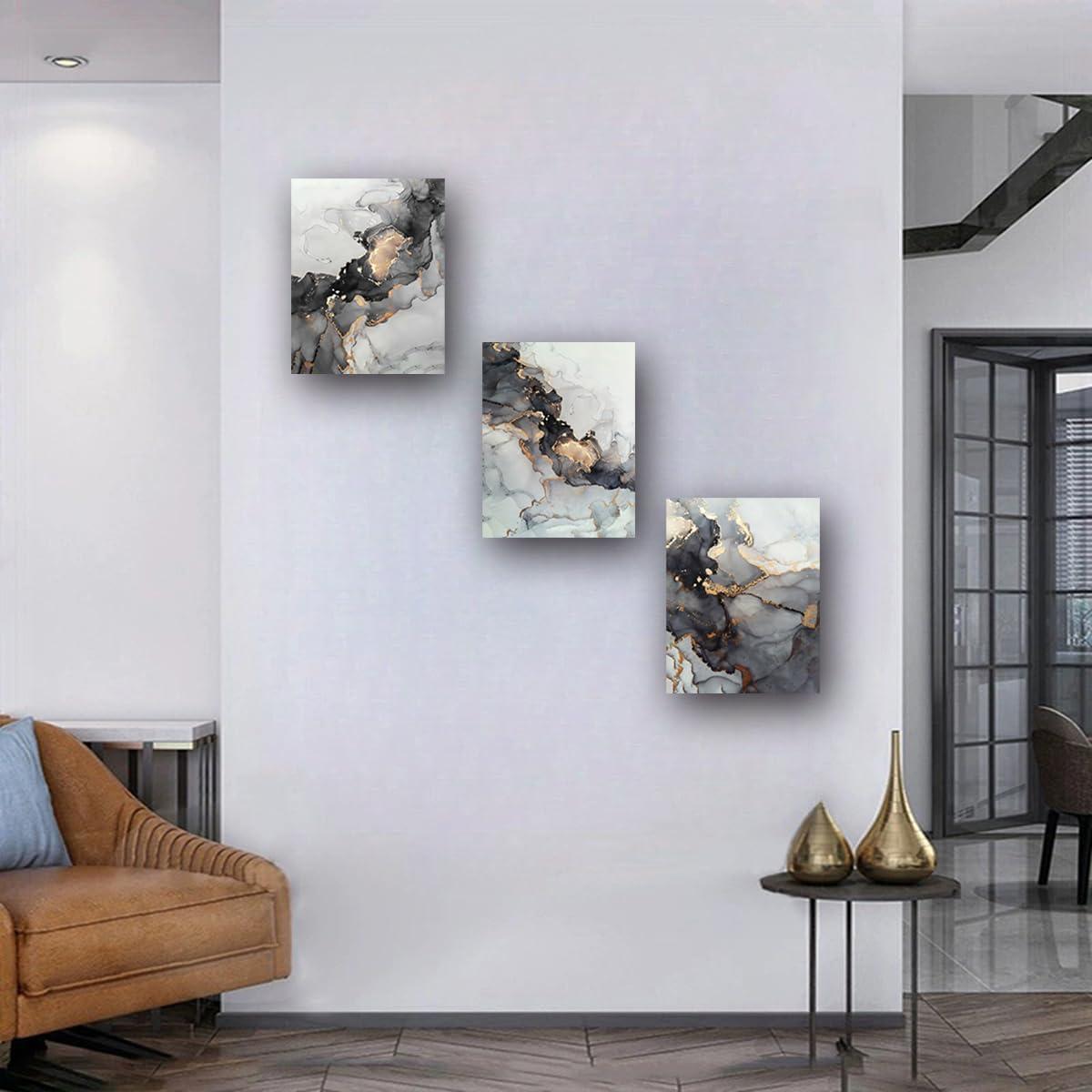 3Pcs Abstract Marble Wall Art Black and Gold Bathroom Decor Nordic Watercolor Gray White Fluid Ink Lines Canvas Picture Contemporary Painting Artwork for Living Room Bedroom Office Home Decor