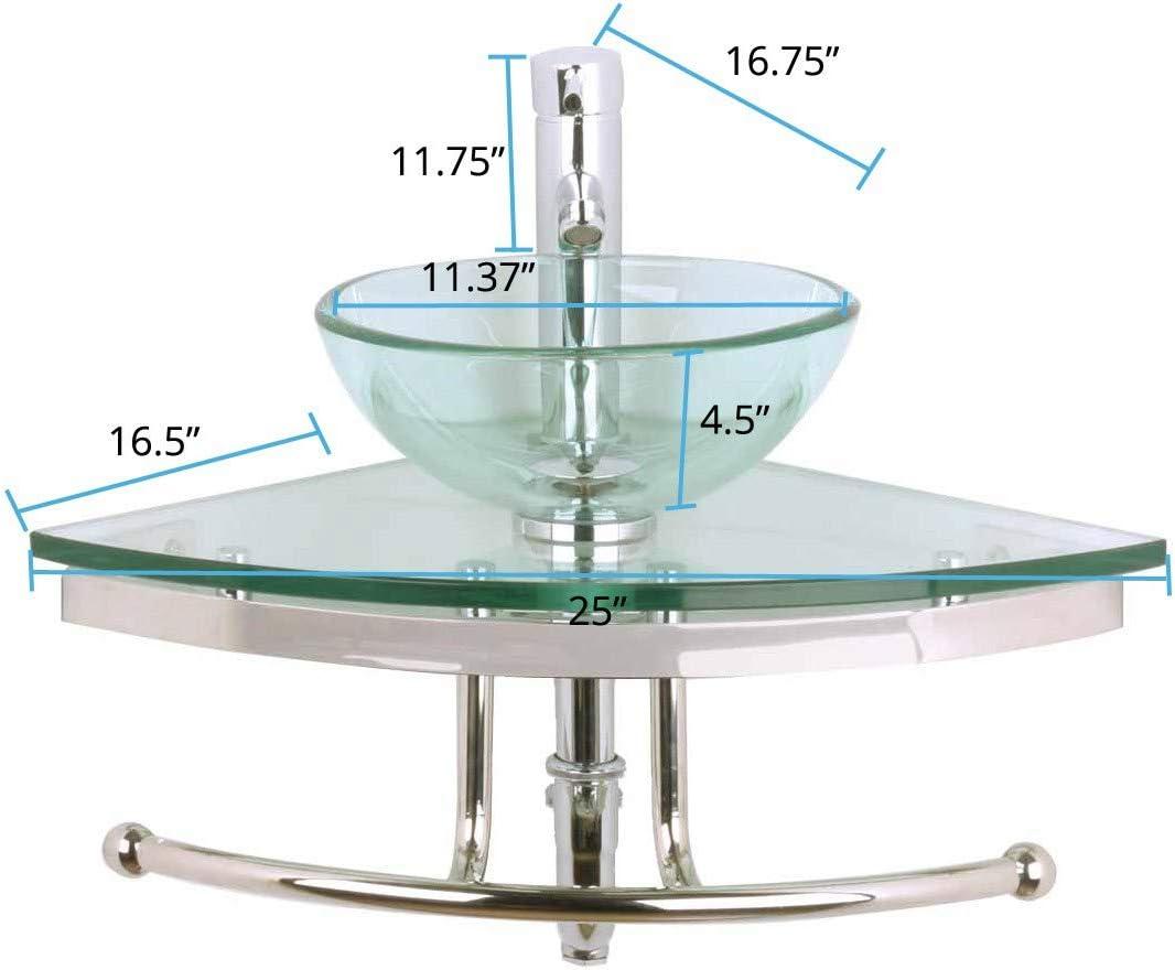 Round Corner Clear Tempered Glass Wall Mount Sink with Chrome Faucet