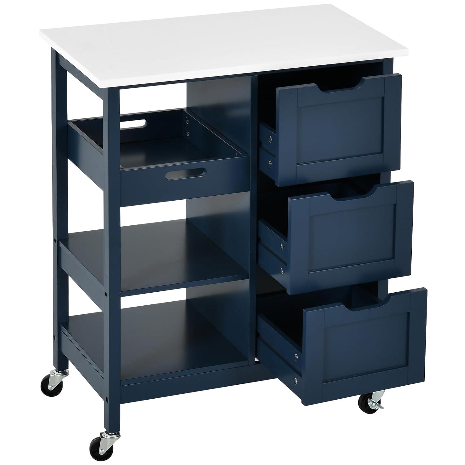 Wooden Kitchen Island Cart Trolley Stand Storage Drawers Shelves with Wheels