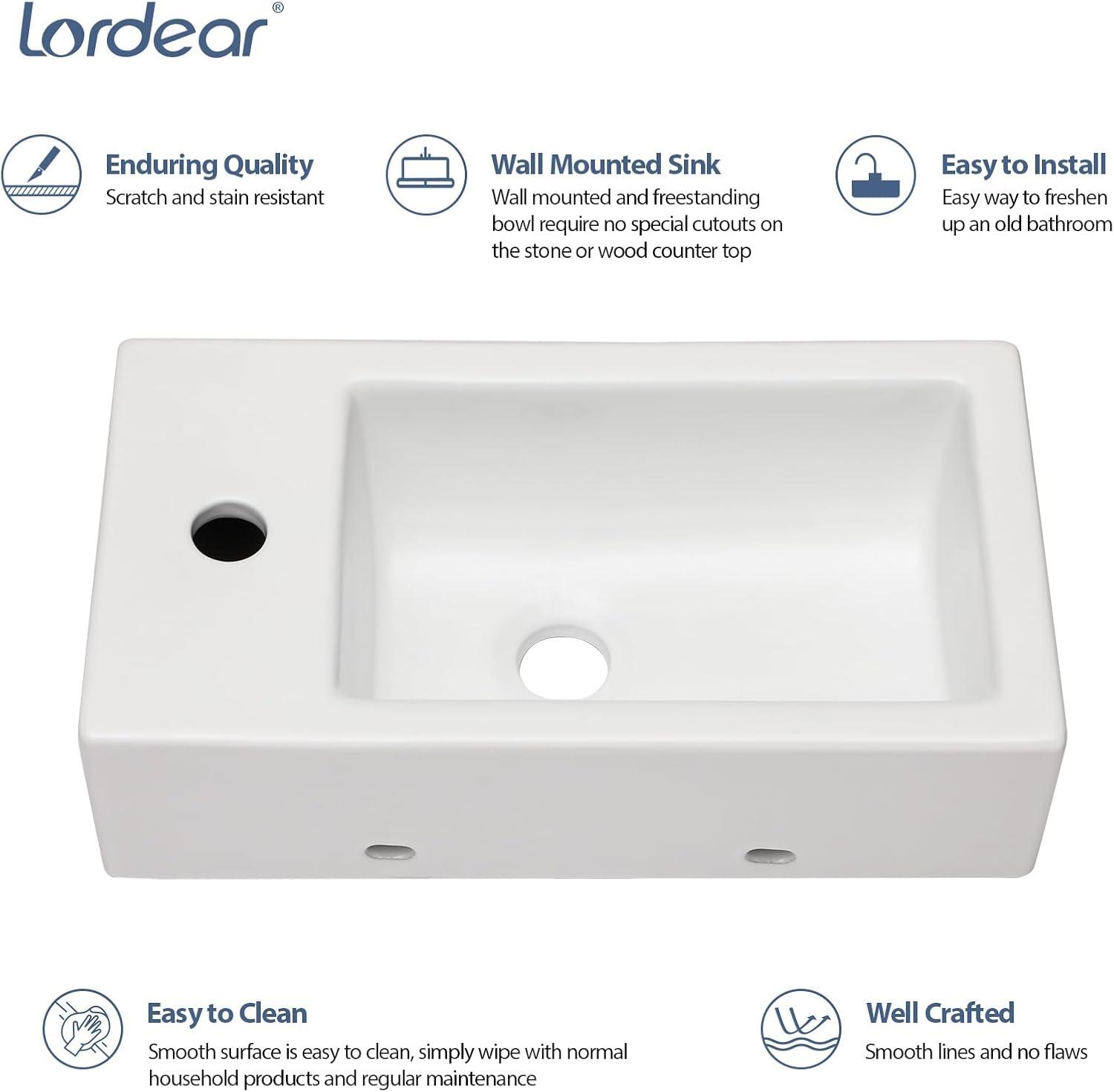 Lordear 10'' White Ceramic Rectangular Bathroom Sink