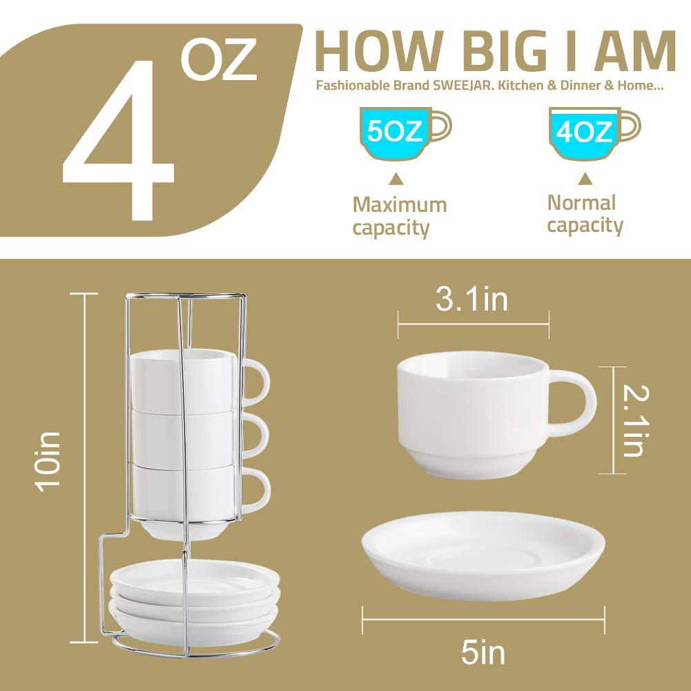 Yedio Porcelain 4 oz Espresso Coffee Cups with Saucers and Metal Stand, Porcelain White Stackable Cappuccino Cups Set of 4
