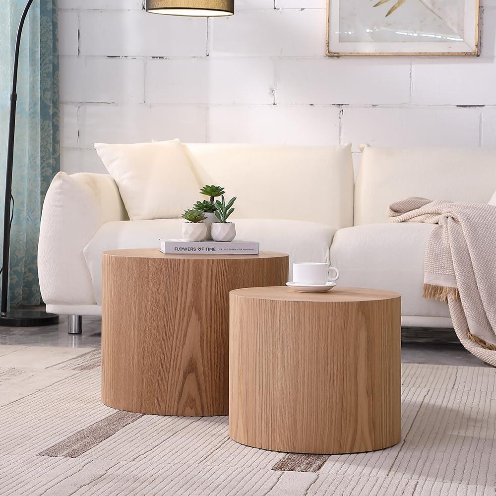 Oak Round Nesting Coffee and End Table Set