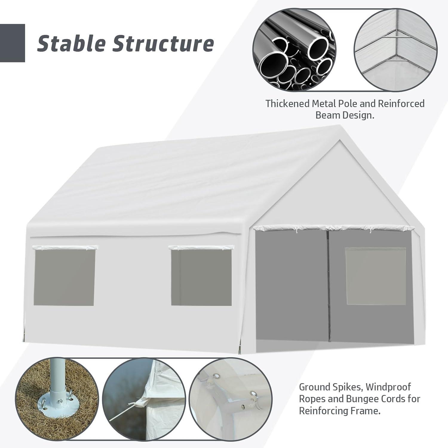 Aoodor 20 x 10 FT. Vehicle Carport Canopy Portable Garage Party Canopy Tent Boat Shelter, Heavy Duty Metal Frame with Removable Rool-up Sidewalls and Doors, White