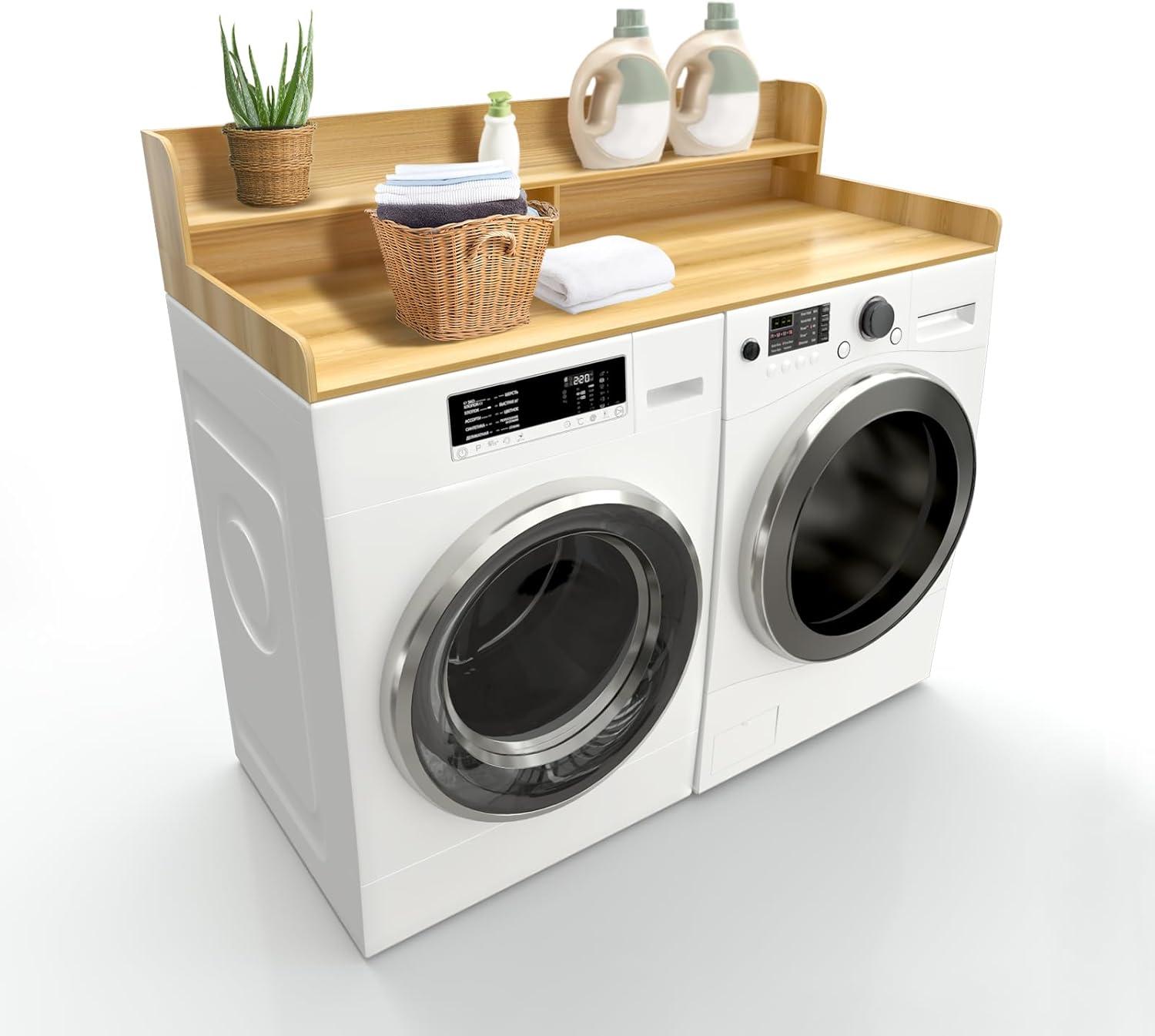 Natural Wood Laundry Countertop with Metal Shelf and Guardrails