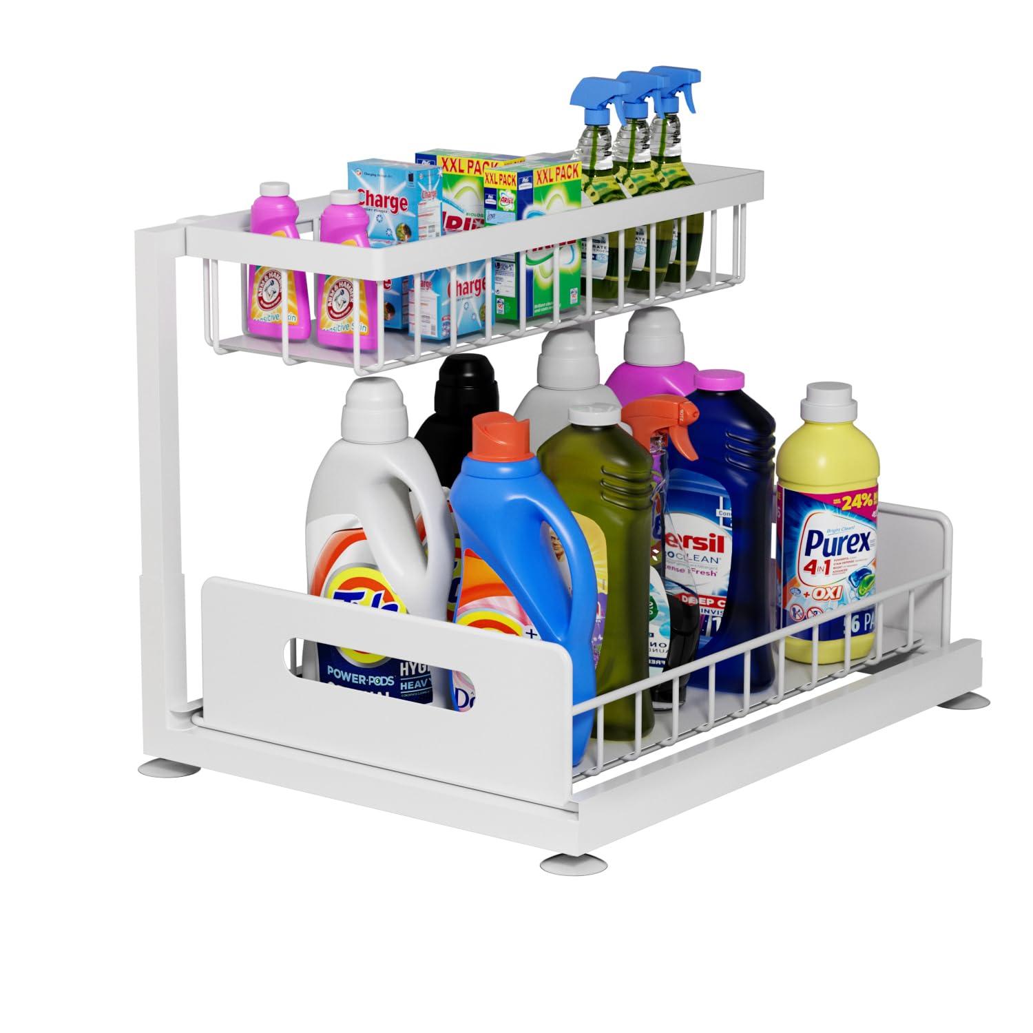 2-Tier Under Sink Slide Out Organizer, Pull Out Cabinet Storage Shelf with Sliding Wire Basket Drawer for Bathroom Kitchen, Countertop or Pantry Shelf, White