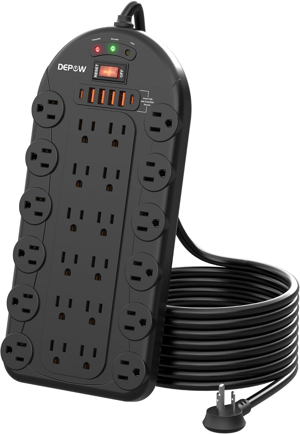 DEPOW White 24-Outlet Surge Protector Power Strip with USB Ports