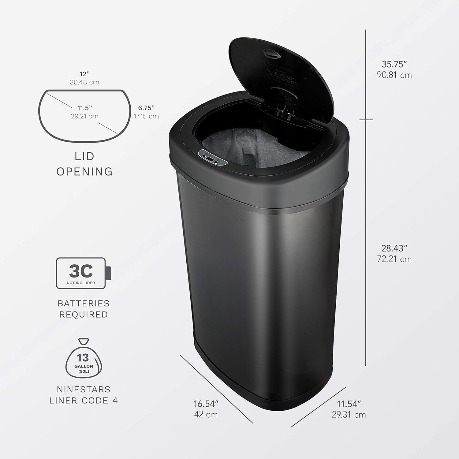 13.2 Gallon Black Stainless Steel Touchless Motion Sensor Trash Can