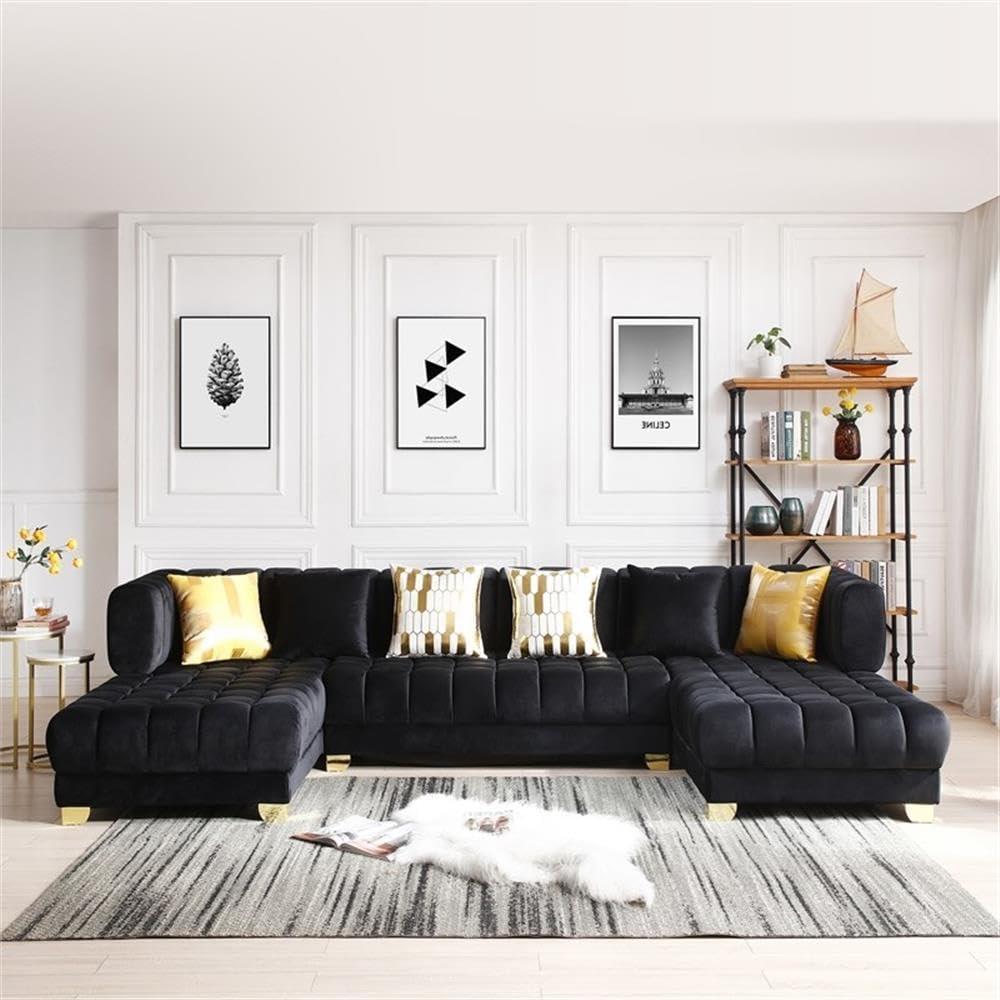 Better Home Products Marigold U-Shaped Velvet Sectional Sofa in Black