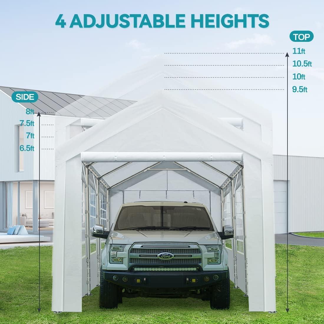 ADVANCE OUTDOOR 10'x20' Heavy Duty Steel Carport Car Canopy, Adjustable Height from 9.5ft to 11ft with Removable Window Sidewalls and Doors, White