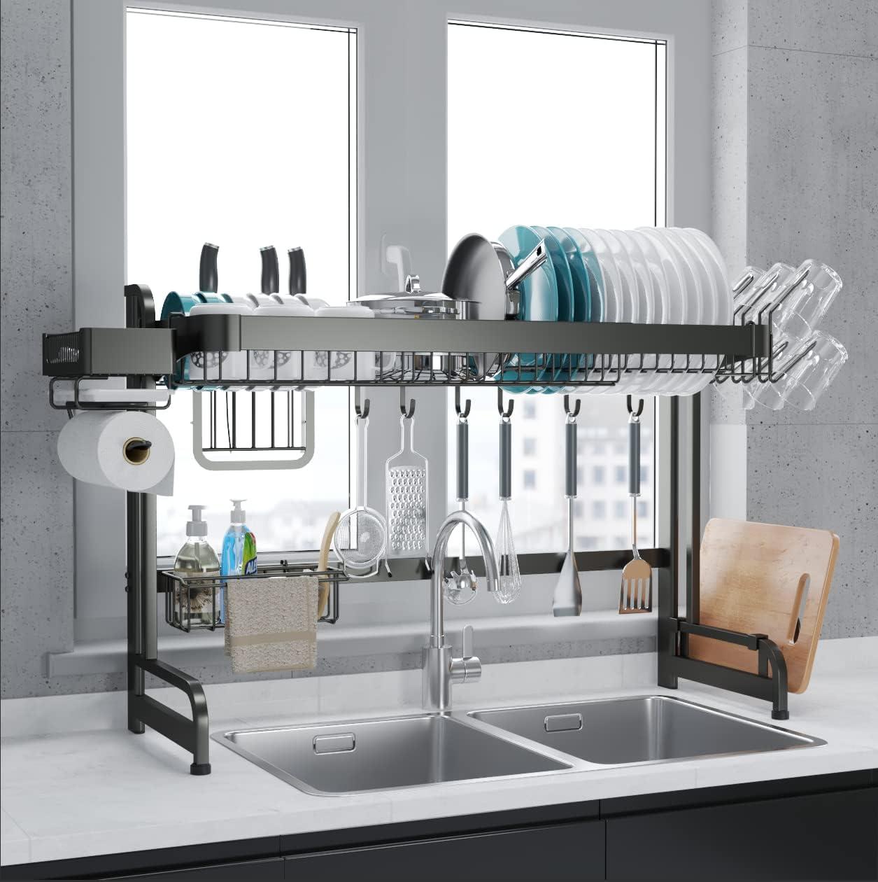 Large Over Sink Dish Rack: Full Stainless Steel Dish Drying Rack Over The Sink - Adjustable (25.6-37.6in) Width Kitchen Organizers and Storage Black Dish Shelf Counter Utensil Sponge Holder Sink Caddy