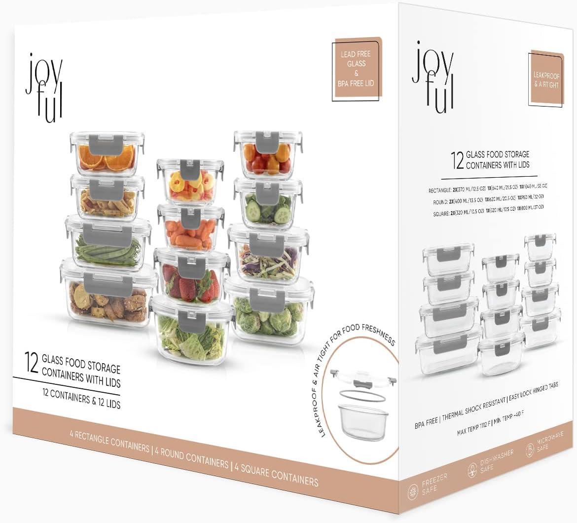 JoyJolt 24-Piece Glass Food Storage Container Set with Leakproof Lids, Light Grey