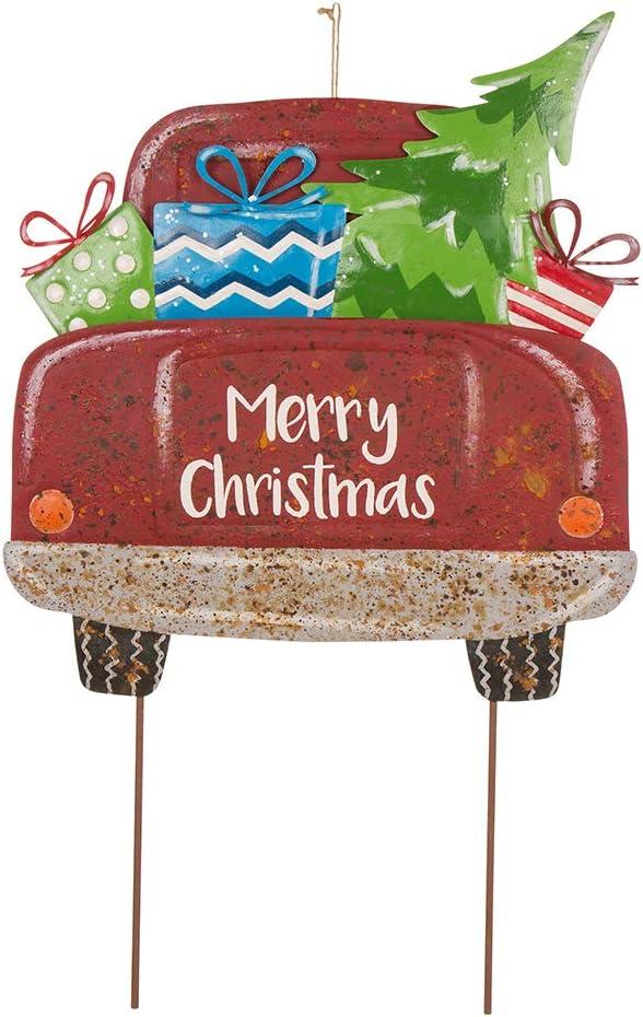 Glitzhome Rustic Metal Christmas Truck Yard Stake Lawn Garden Standing Sign Lawn Patio Wall Decor, Wood Truck