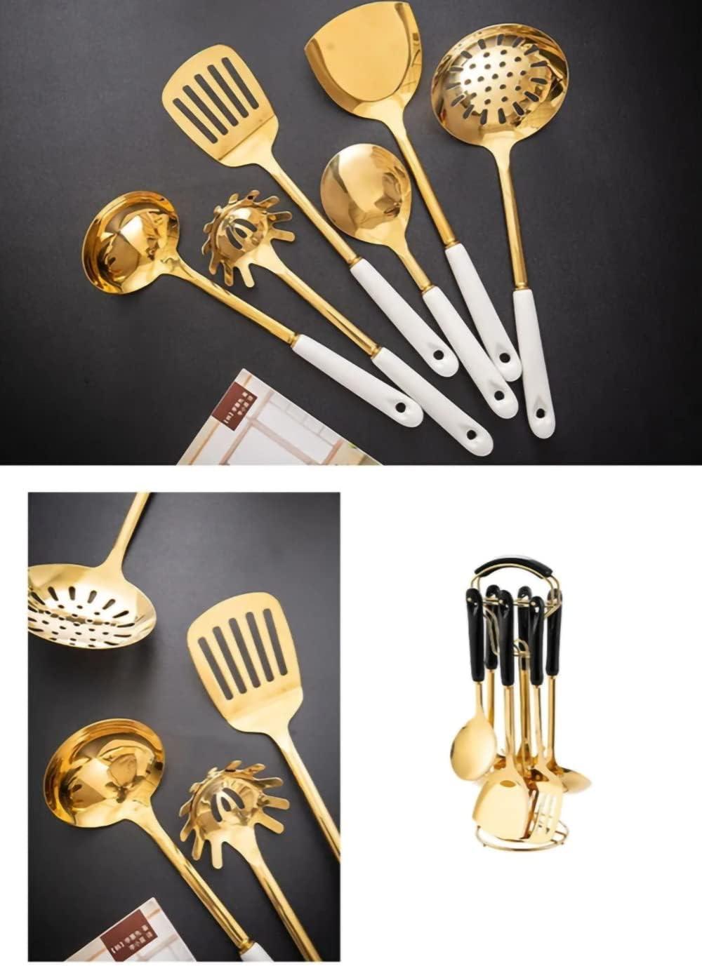 Lxmons Gold Stainless Steel Kitchen Utensil Set Cooking 7 Pcs Set with Hold,Include Spatulas,Soup spoons,Colander