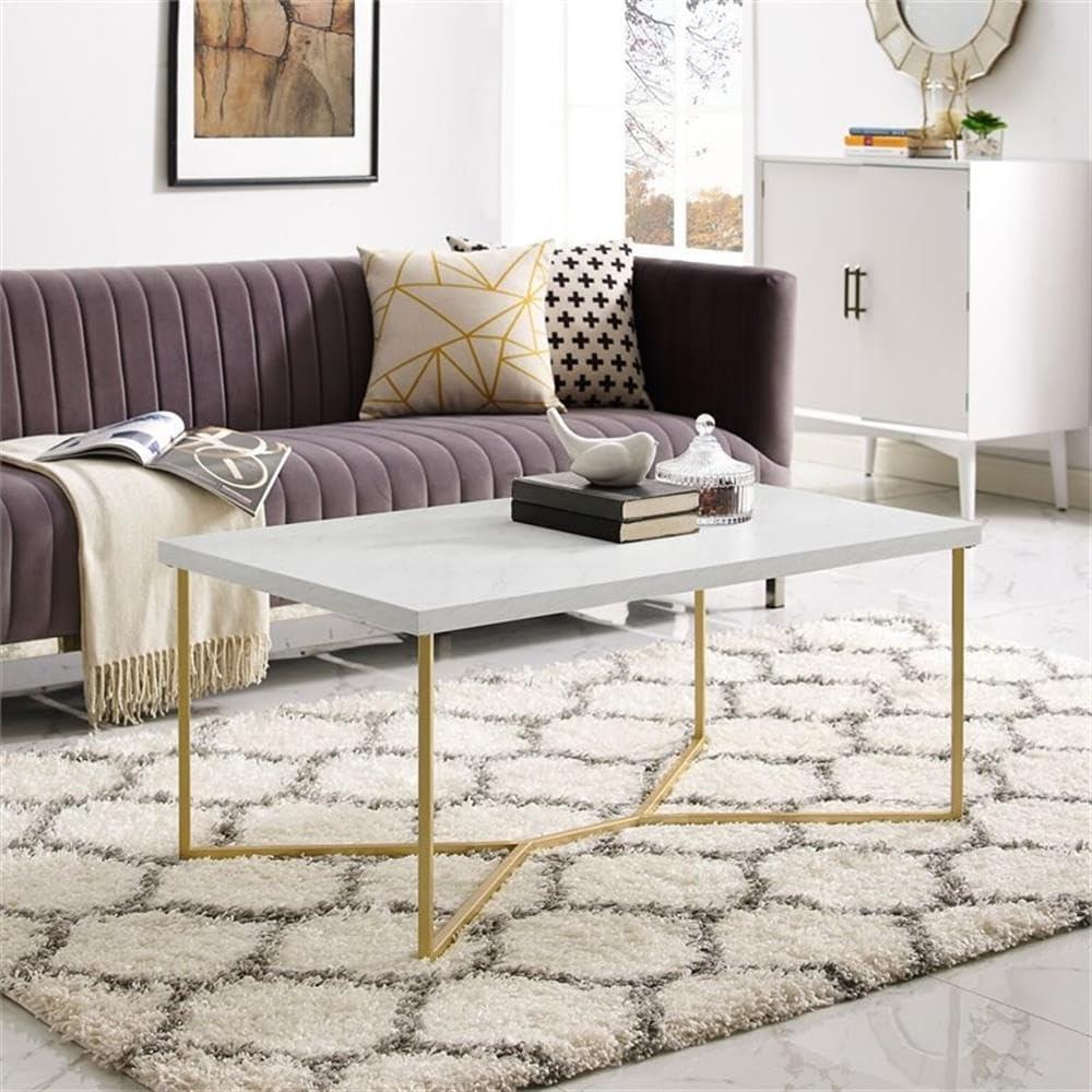 Walker Edison Rectangle Modern Faux Marble and Metal Coffee Table in White/Gold