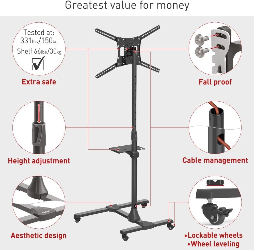 Barkan 13" - 83" Mobile TV Mount Cart with Metal Shelf, Tilt & Height Adjustment