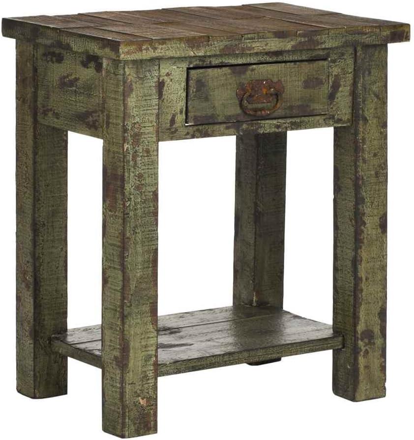 Antique Green Fir Wood Accent Table with Storage