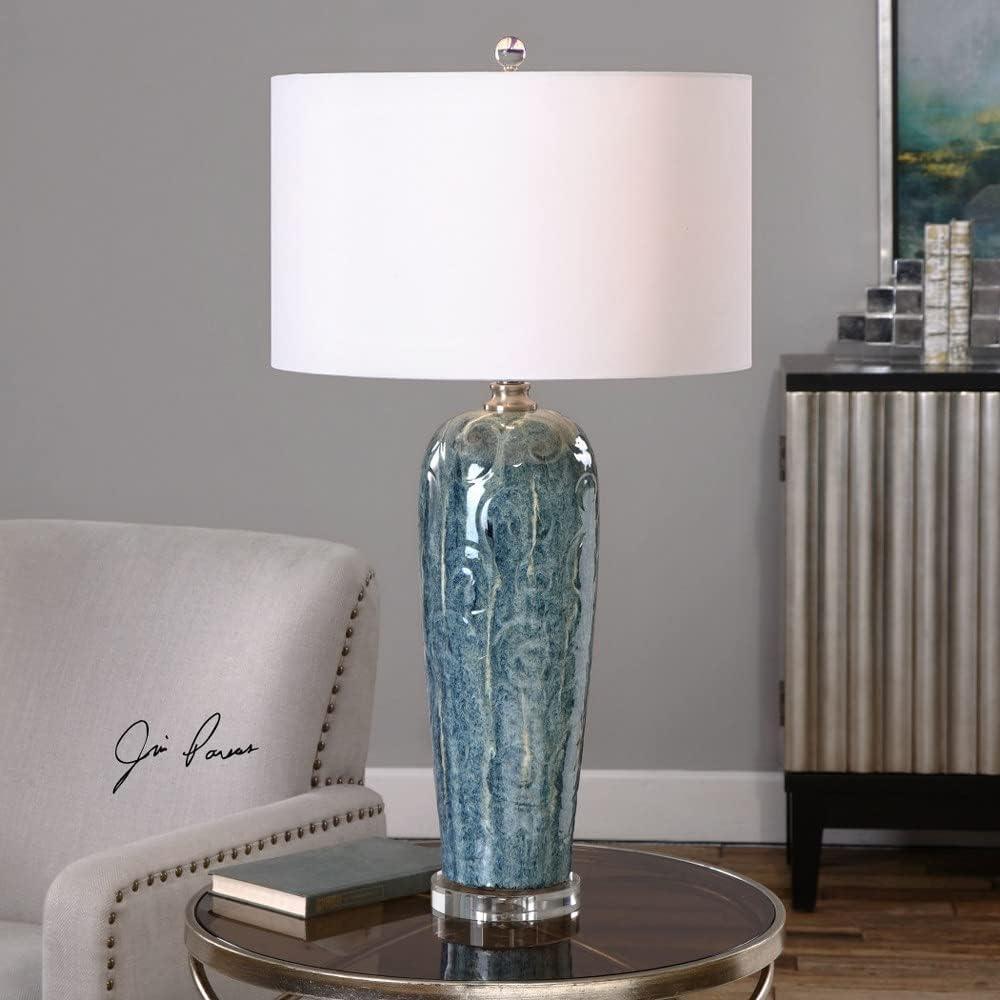 Heathered Blue Ceramic Table Lamp with White Drum Shade