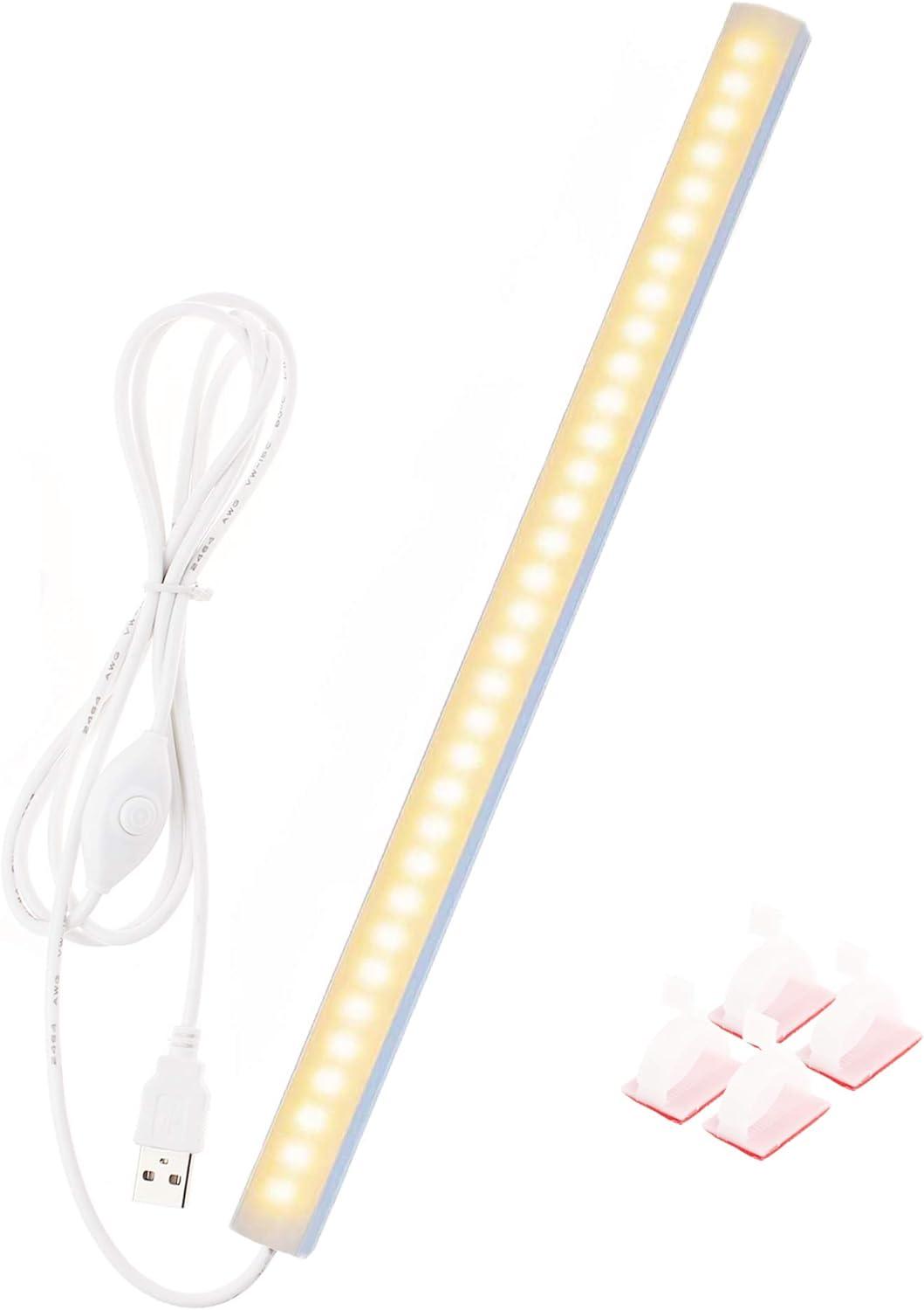 JUSJUBR Under Cabinet Lighting, 12Inch LED Sink Light with Memory Function, Warm White 3000K Dimmable USB Under Desk Light, Slim LED Light Bar for Room (Without Plug)