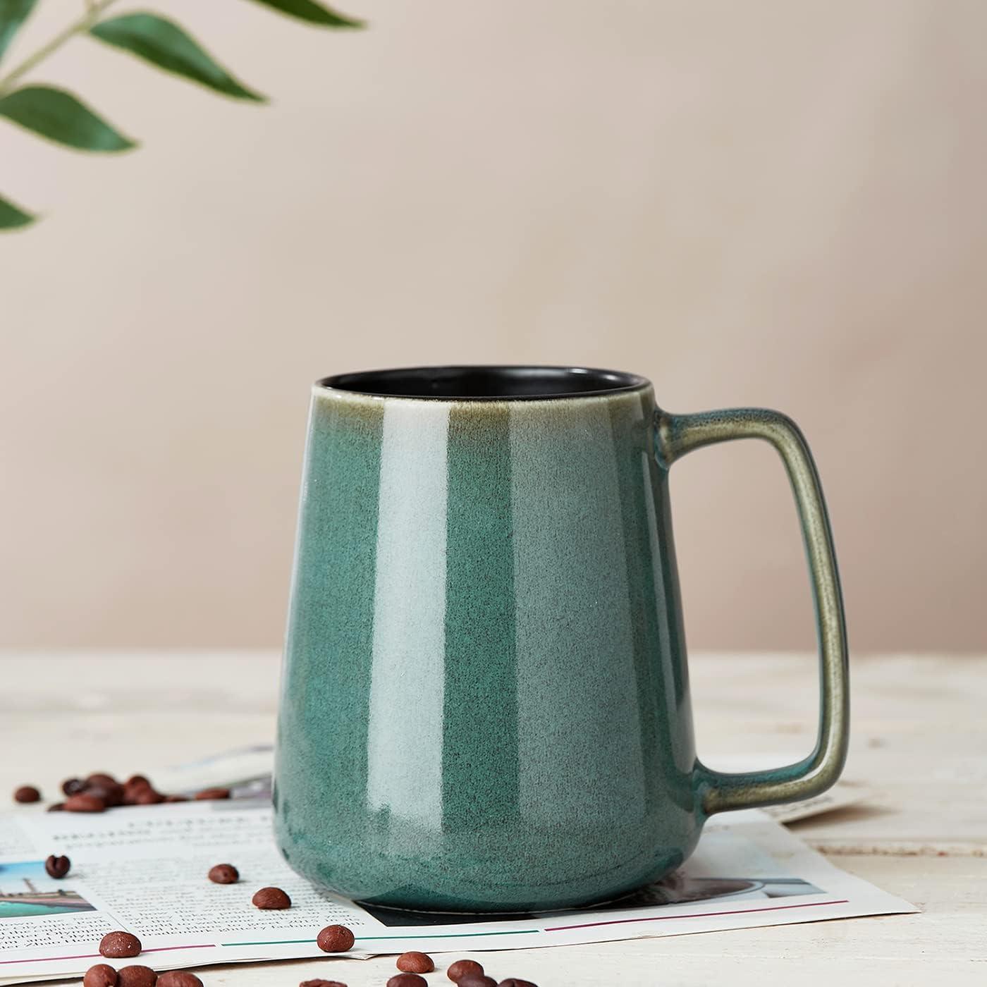 Extra Large Ceramic Coffee Mug with A Big Handle,Jumbo Tea and Coffee Cup for Office and Home,With Spoon and Wooden Lid,Dishwasher and Microwave Safe(Green)