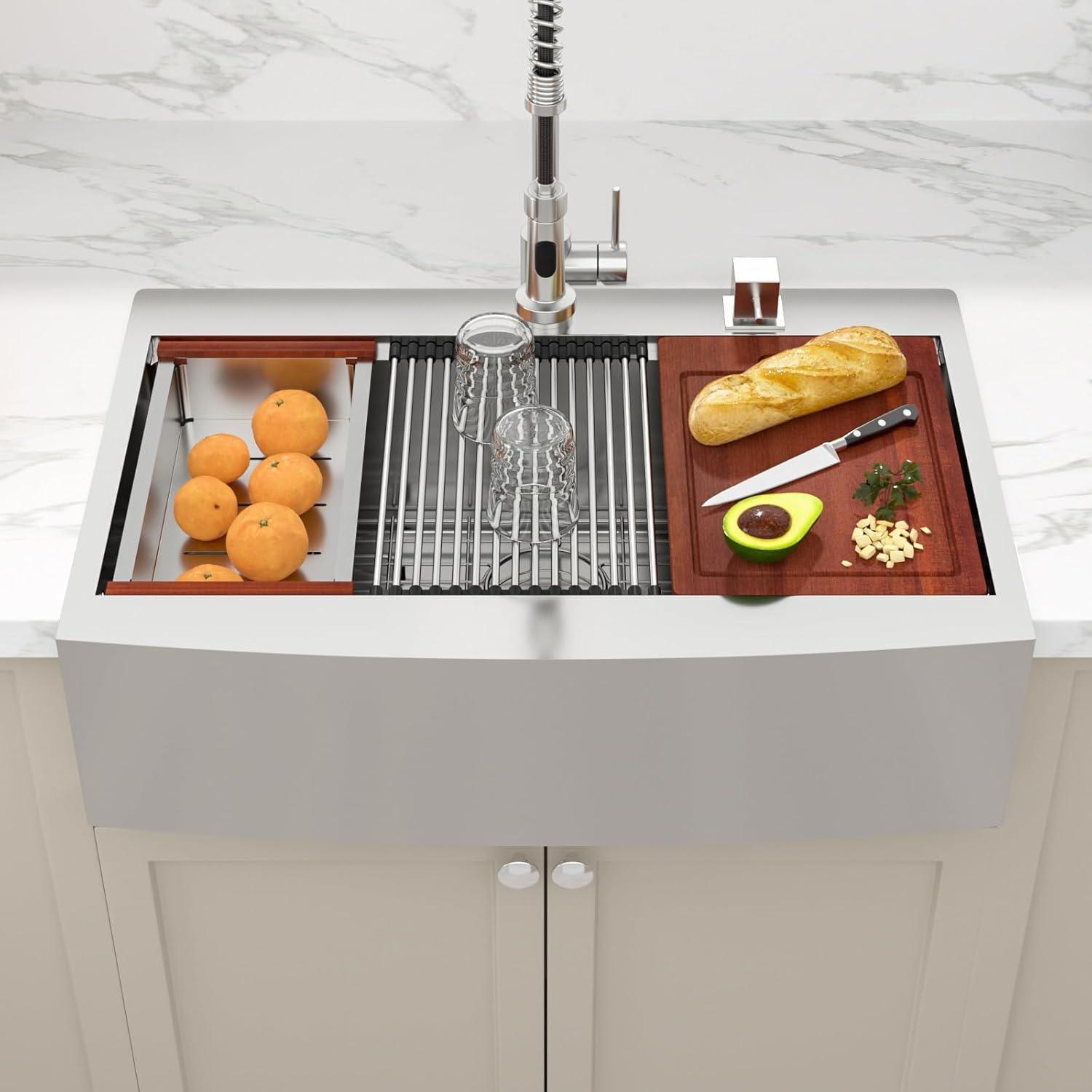 33-Inch Brushed Stainless Steel Farmhouse Drop-In Sink with Accessories