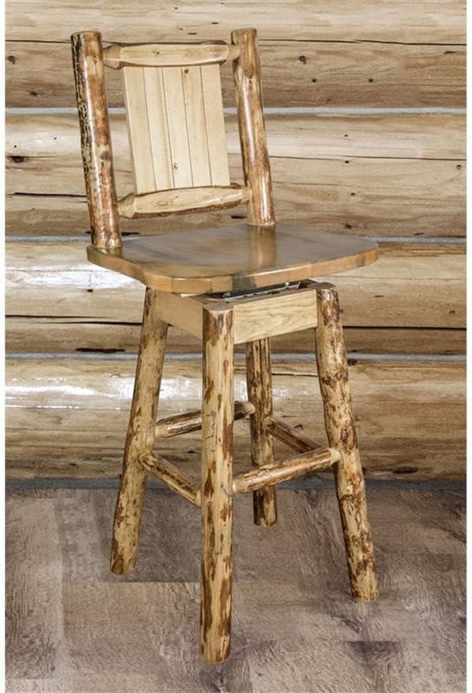 Rustic Lodge Pole Pine Swivel Barstool with Laser-Engraved Wolf