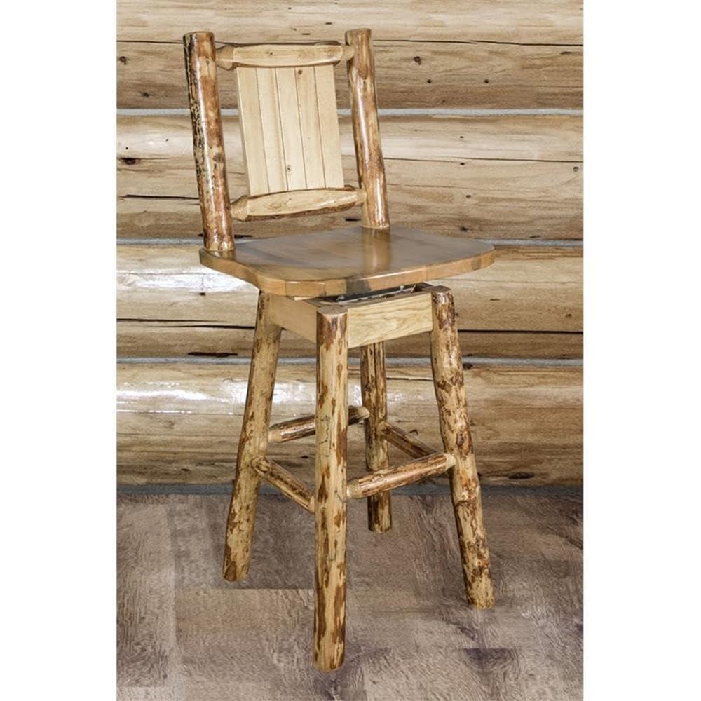 Rustic Lodge Pole Pine Swivel Barstool with Laser-Engraved Wolf