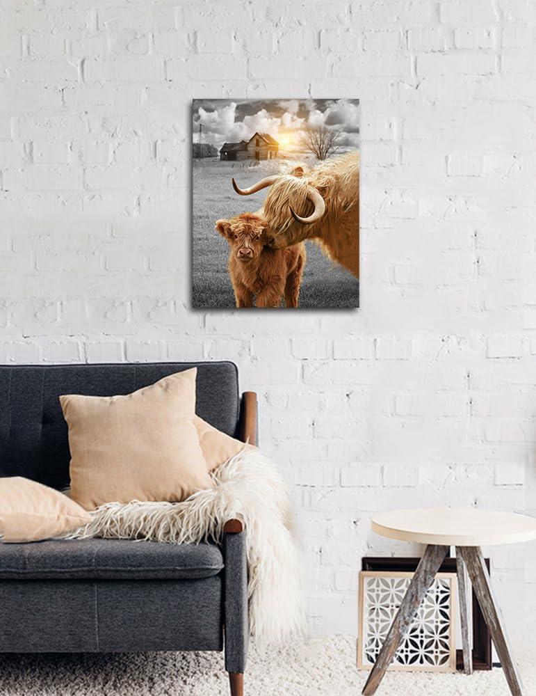 JEUXUS Highland Cow Wall Art, Cow Pictures Wall Decor, Rustic Black and White Funny Highland Cow Wall Art Canvas Poster, 20x16in Framed Ready to Hang, Farmhouse Longhorn Canvas Wall Art Decor