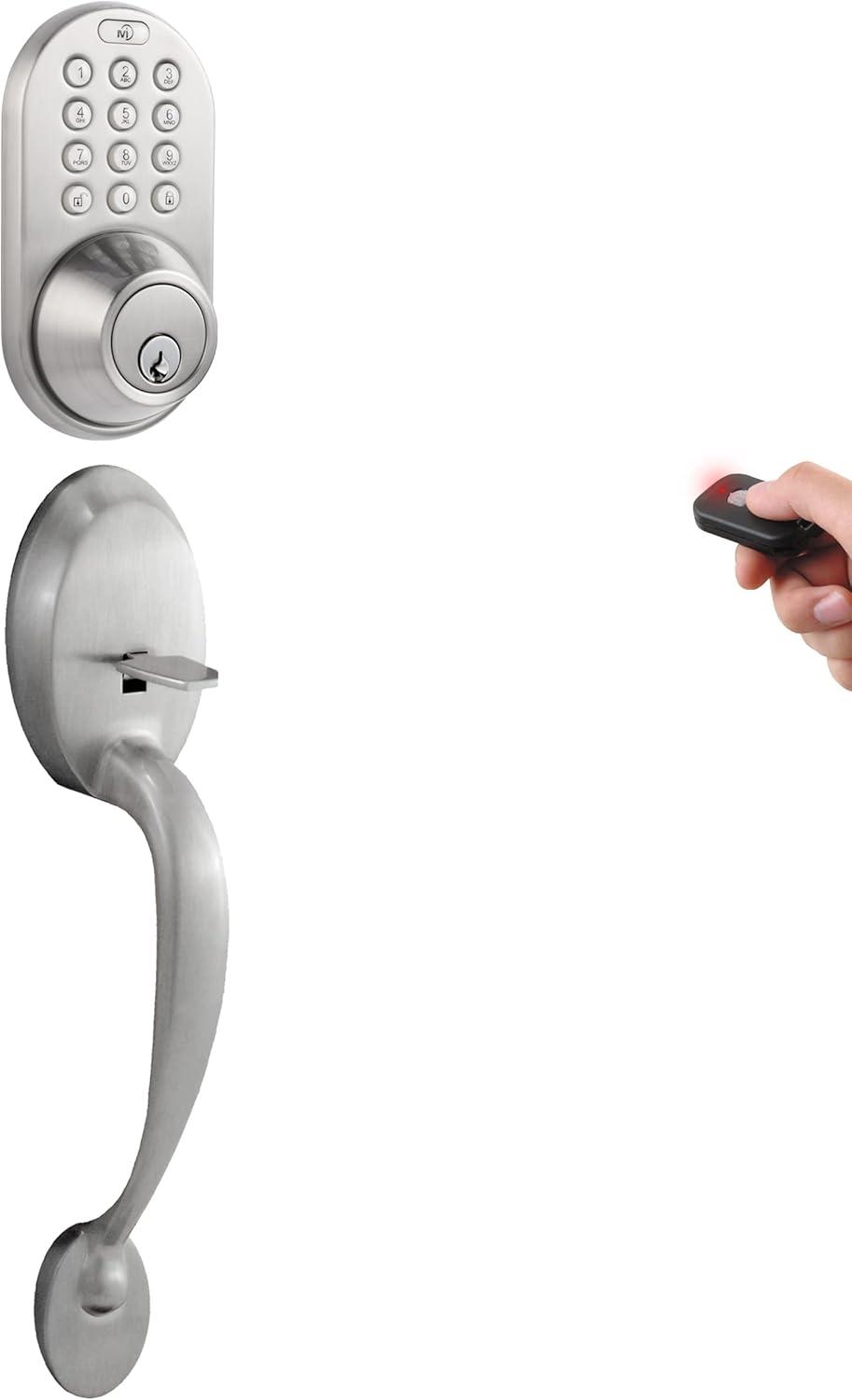 MiLocks Digital Deadbolt Door Lock and Passage Handleset Combo, Satin Nickel Finish with Keyless Entry via Remote Control and Keypad Code for Exterior Doors (BXF-02SN)