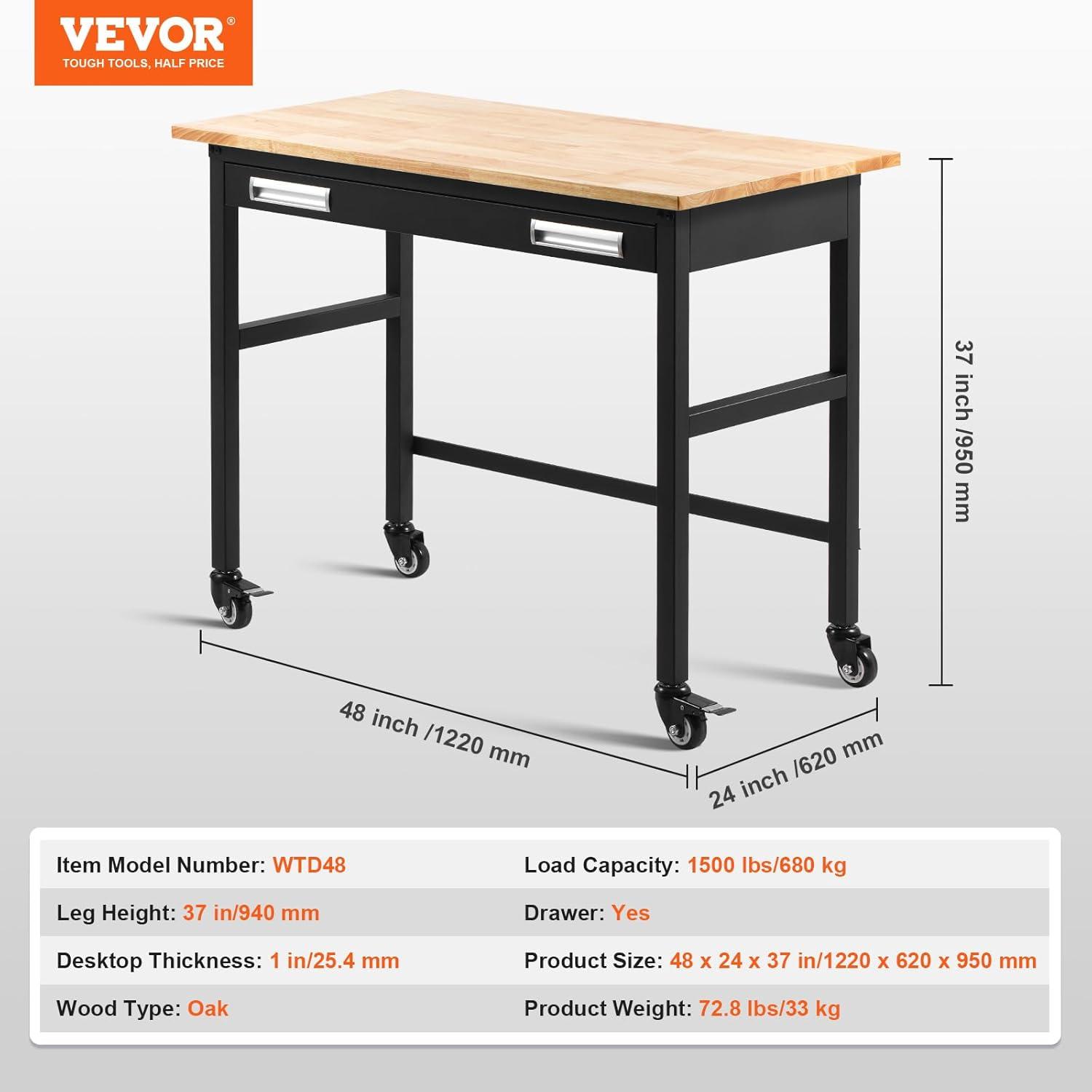 VEVOR Workbench, 48-inch Garage Workbench with Drawer Storage & Wheels, 1500 lbs Load Capacity Workshop Bench on Wheels, Heavy Duty Oak Wood Top Work Table for Garage, Workshop, Office, and Home