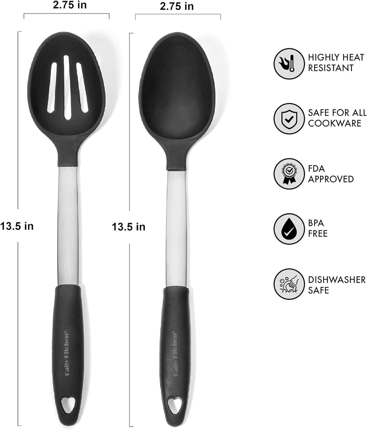Cooking Spoons Set Heat Resistant Silicone and Stainless Steel Metal - Serving Spoon with Rubber Grip - Flexible Silicone Spoon for Non Stick Cookware – Spoons for Cooking – 2-Set