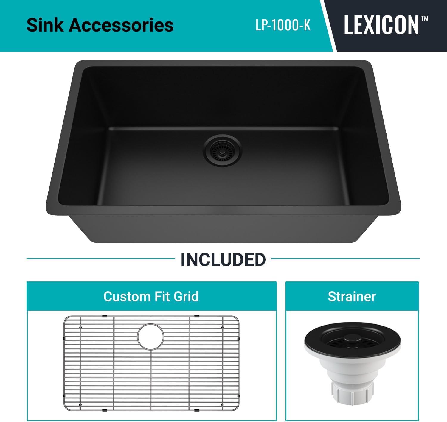 Lexicon LP-1000-K 32" x 19" Quartz Kitchen Sink, Single Bowl Sink, Drop-in Sink, Undermount Sink, Granite Kitchen Sink, with Steel Grids and Basket Strainer, Disposal Flange