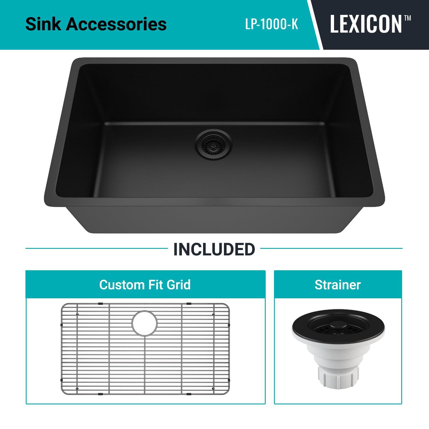 Lexicon LP-1000-K 32" x 19" Quartz Kitchen Sink, Single Bowl Sink, Drop-in Sink, Undermount Sink, Granite Kitchen Sink, with Steel Grids and Basket Strainer, Disposal Flange