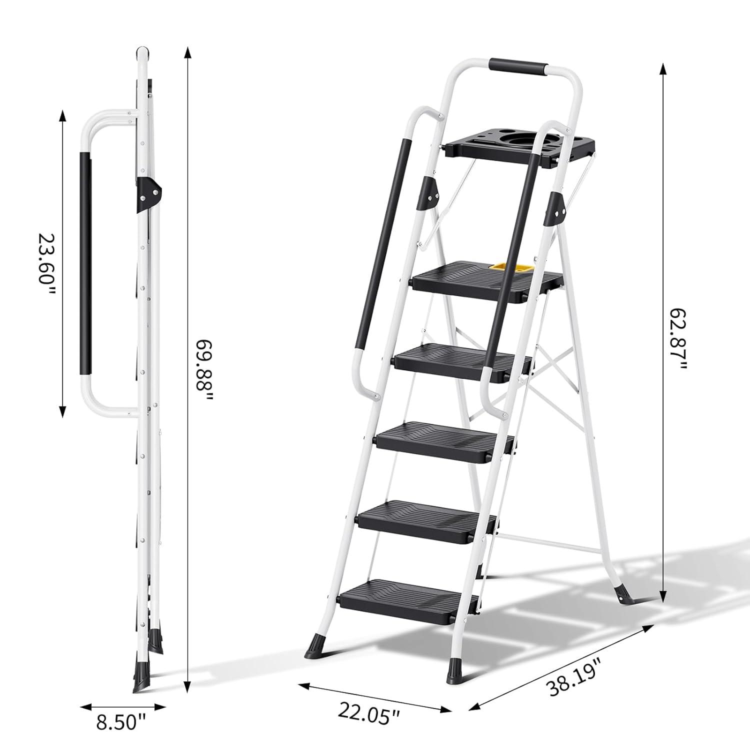 KINGRACK Folding 5-Step Ladder, 800 lbs Capacity Step Stool with Safety Lock, Tool Tray, Non-Skid Wide Steps, Handrail, Household Folding Ladder for Home, Garden, Painting, Outdoor, and Garage, White